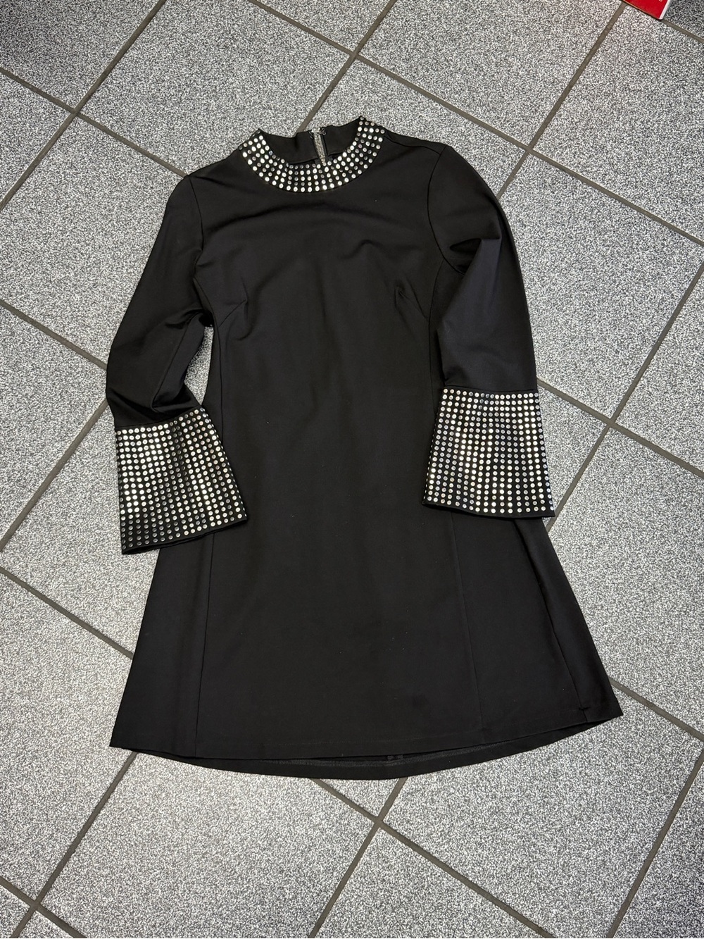 VENUS Black Shift Dress with Jeweled Collar & Studded Bell Cuffs
